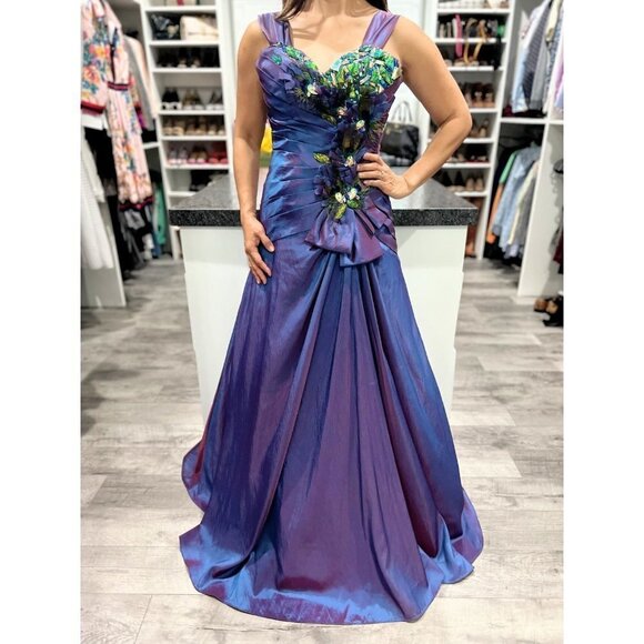 Precious Formals Purple Peacock Taffeta Y2K Formal Gown $420 - Picture 2 of 12